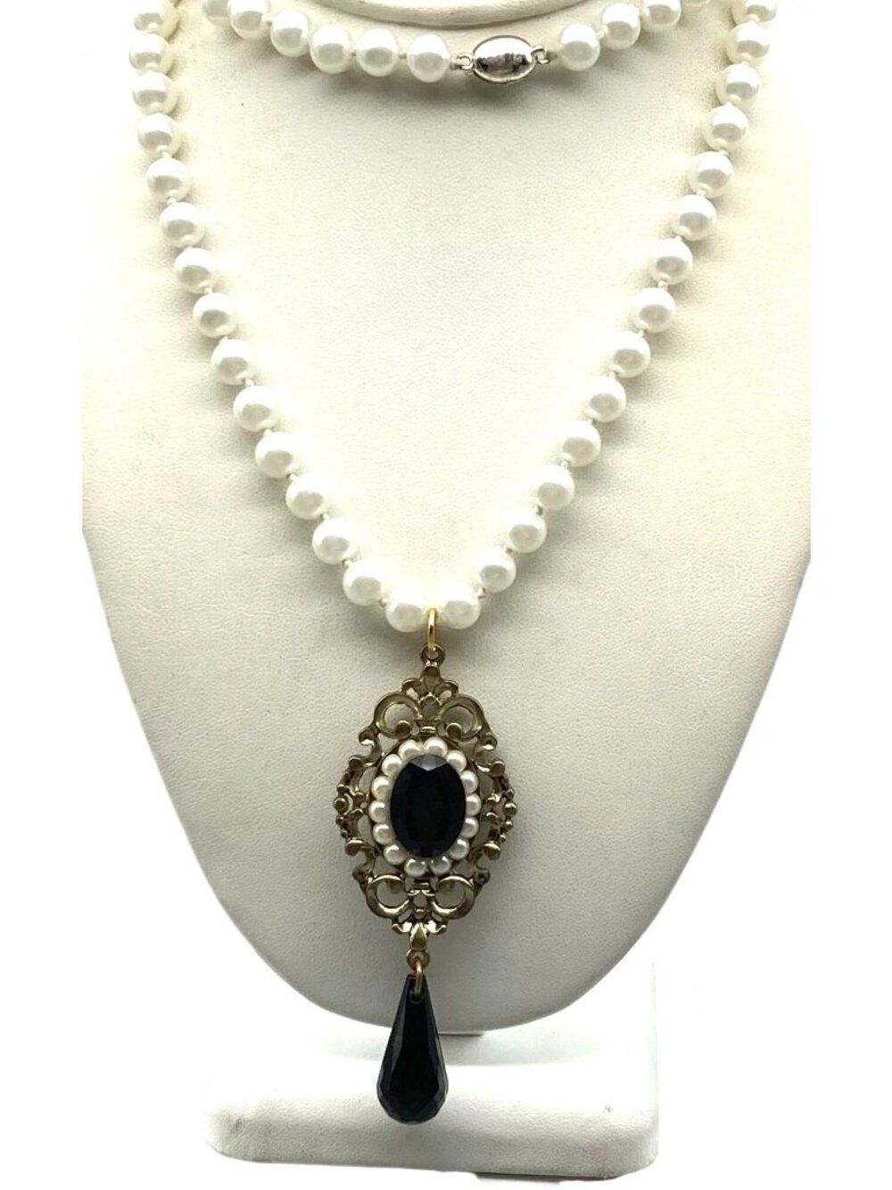 Vintage Glass Pearl Strand Necklace with Elegant Mourning Pendant, Faceted Black